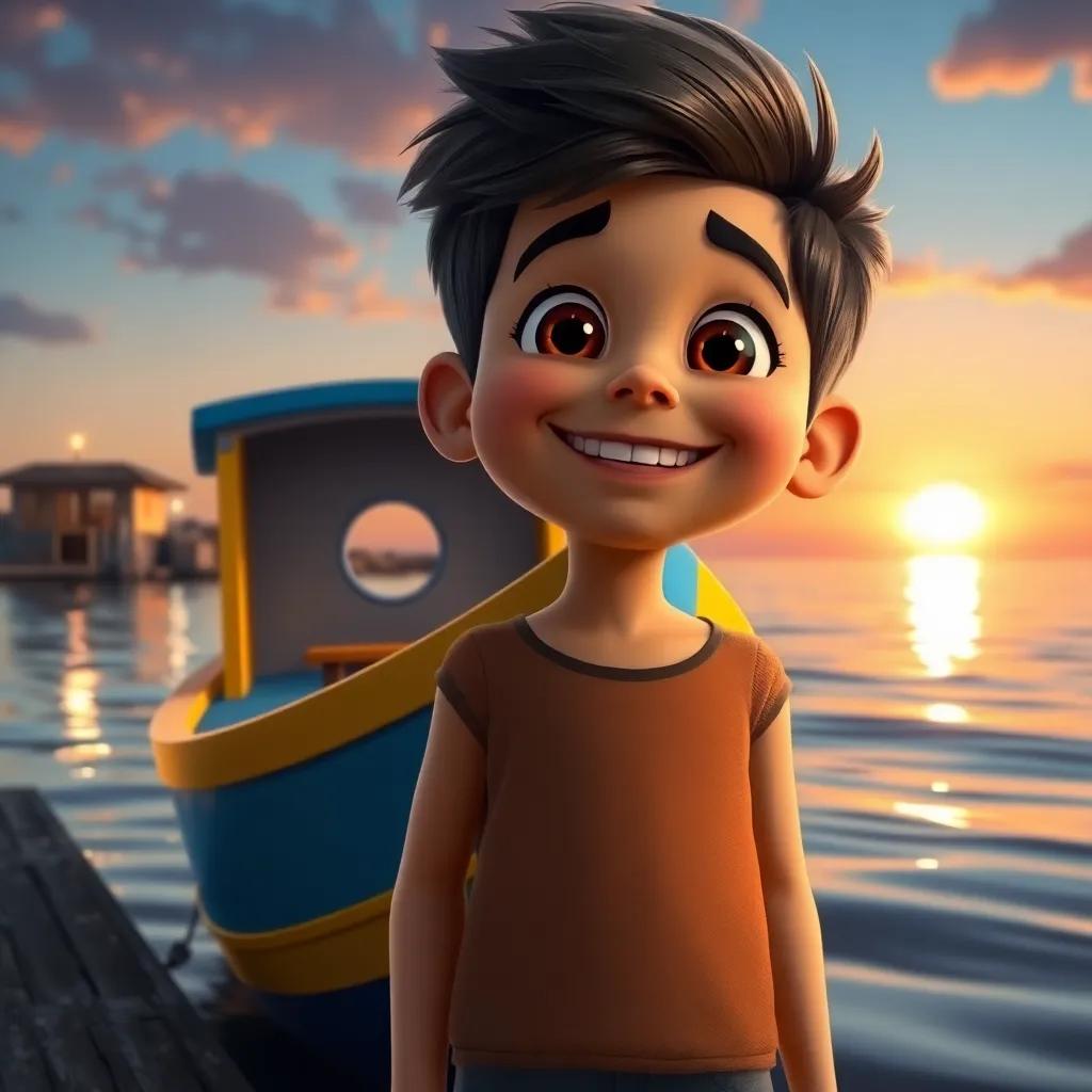 Samir, a cheerful boy with bright eyes and a big smile, standing proudly by his blue and yellow boat, looking towards the horizon, sunset reflecting in the water, excitement and joy in his heart, magical and thoughtful ambiance