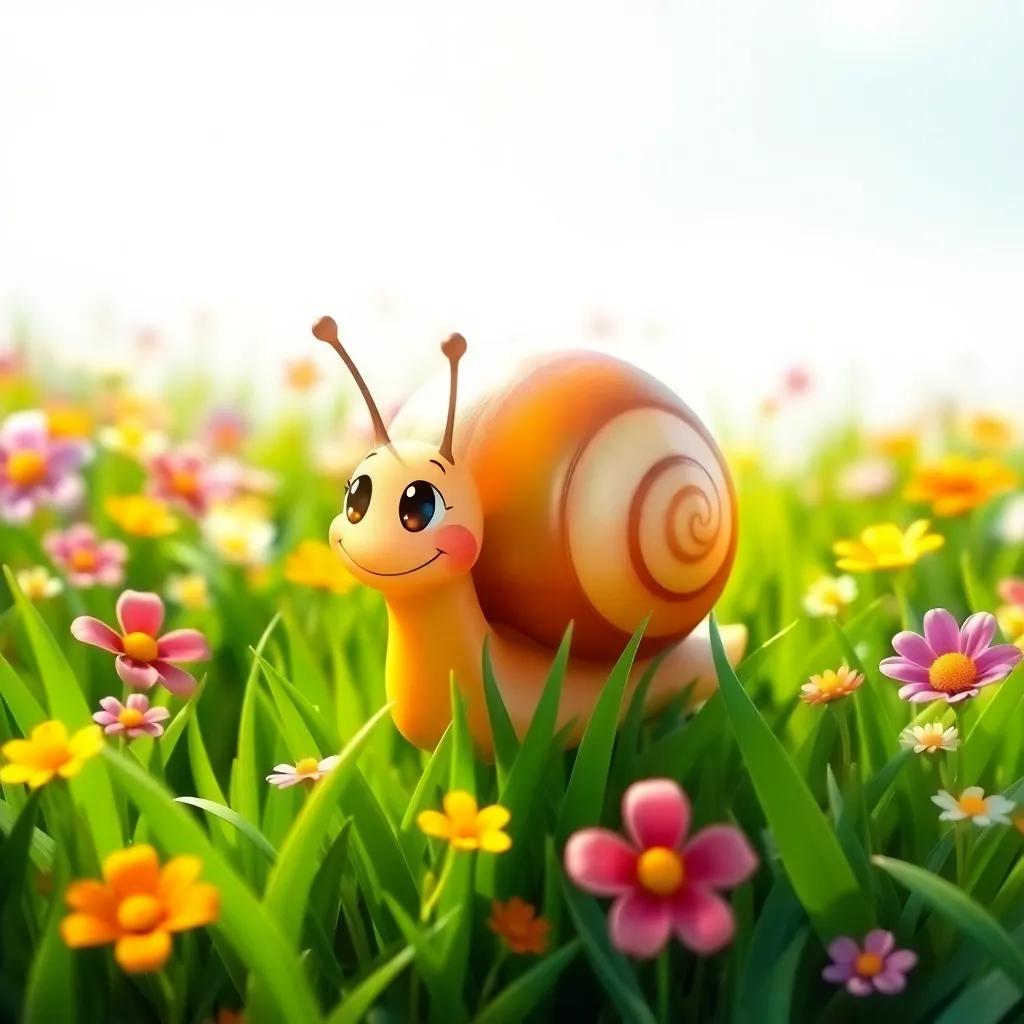 A small, friendly snail named Sammy with a shiny shell, sliding across lush green grass filled with colorful flowers, bright sunny day, cheerful atmosphere, digital art, vivid colors, warm lighting, inviting scene