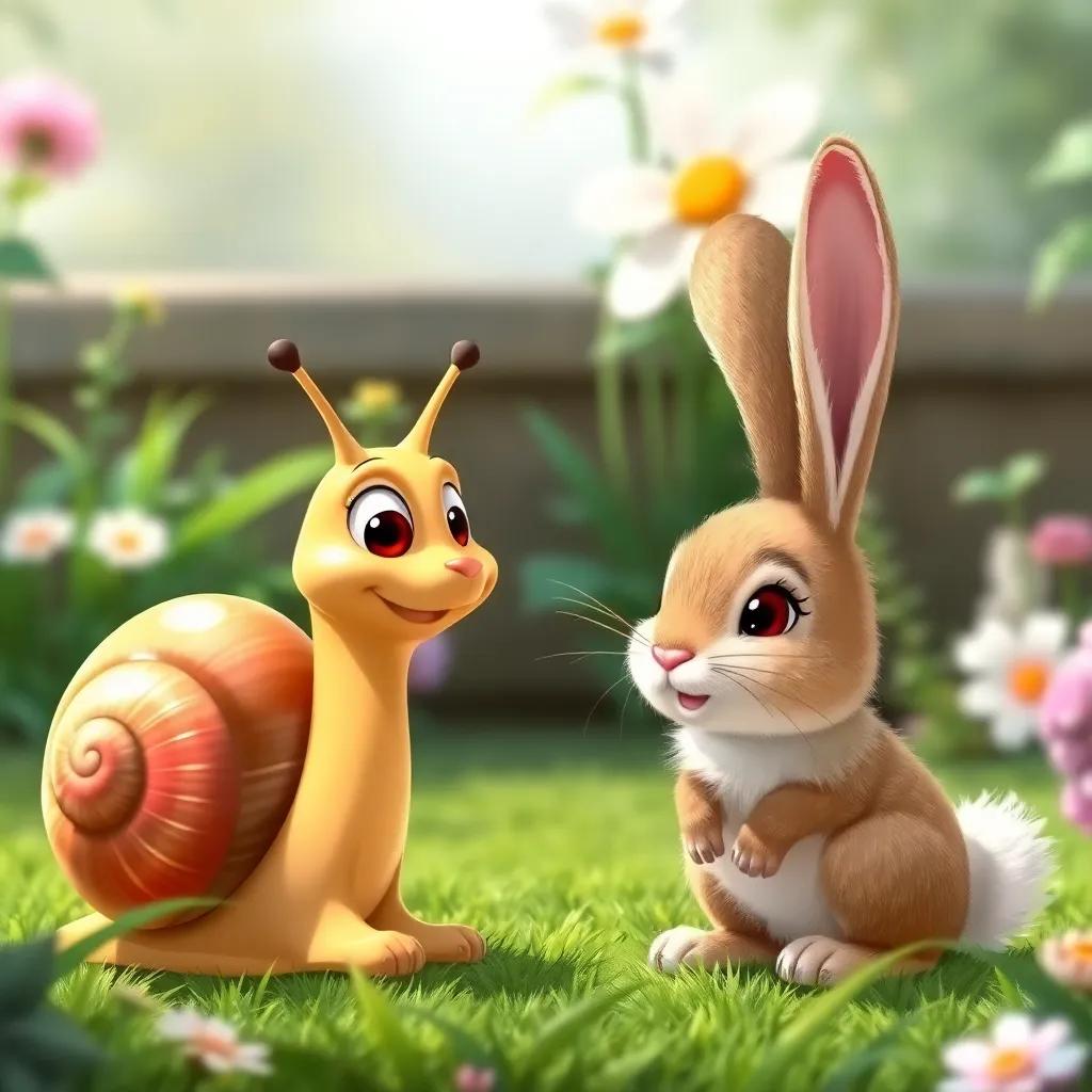 Sammy the snail with a shiny shell, talking to Daisy the rabbit, a fluffy rabbit with big ears and a white fluffy tail, in a green garden, friendly interaction, detailed illustration, bright colors, joyful scene