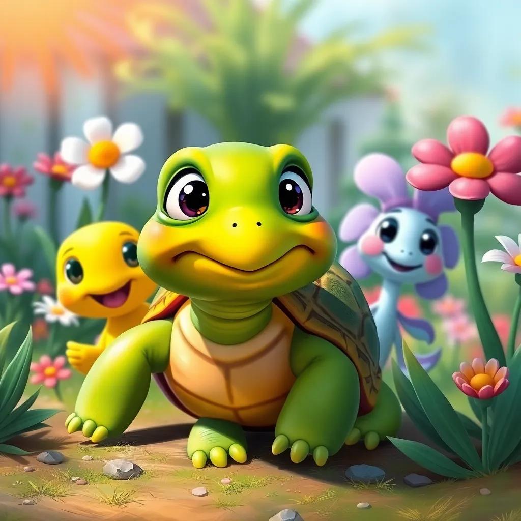 Benny the turtle, with wise eyes and a round shell, joining Sammy and Daisy in the garden, colorful backdrop, joyful expressions, digital painting, vibrant colors, nature