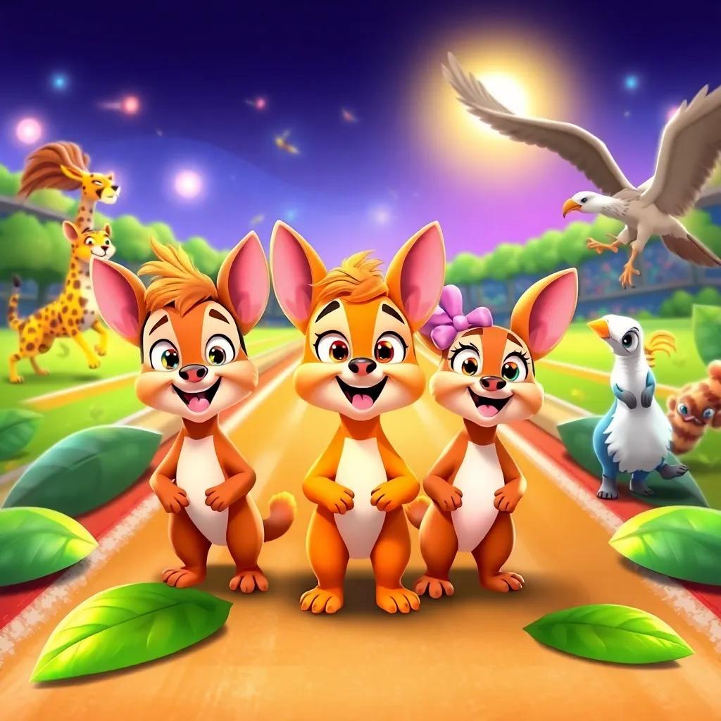 Sammy, Benny, and Daisy looking excited in front of a shiny race track made of leaves, surrounded by other speedy animals like a cheetah and a falcon, bright and colorful, cartoon style, whimsical atmosphere