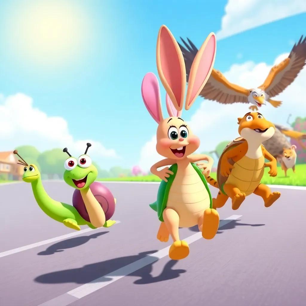 The race scene with Sammy the snail, Daisy the rabbit, and Benny the turtle joyfully participating as fast animals like a cheetah and a falcon surge ahead, bright sunny day, cartoon art, cheerful and lively colors