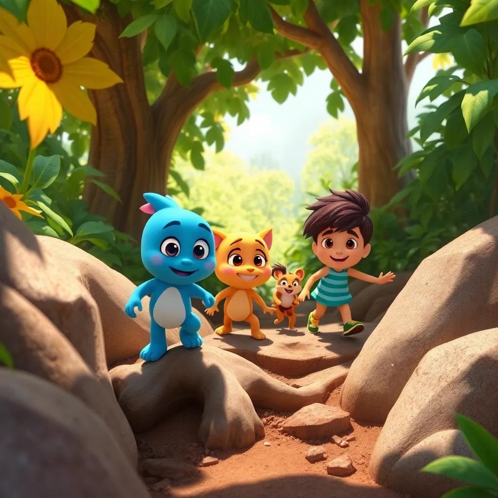 Sammy and friends navigating around roots and bushes, showing teamwork, ensuring they avoid obstacles, sunny garden background, detailed art, encouraging mood, vibrant light