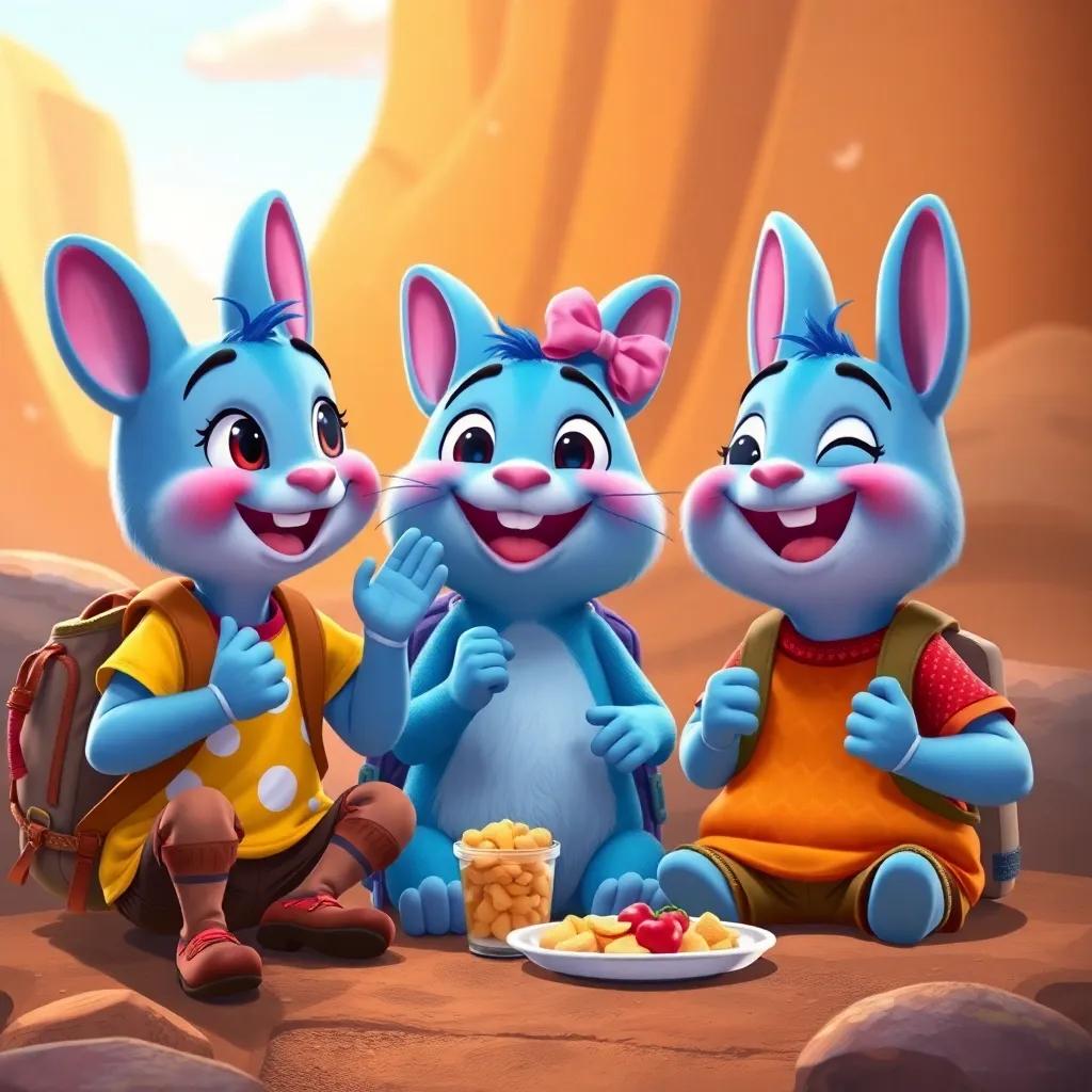 Sammy cheering on his friends Daisy and Benny during their adventure, laughing and sharing snacks, warm atmosphere, group friendship, digital art, colorful depiction