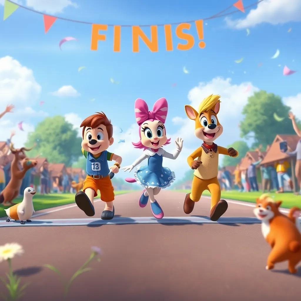 The finish line with Sammy, Daisy, and Benny crossing together, helping caught animals like Charlie and Fiona, beautiful celebration scene, digital painting, joyful cheers all around