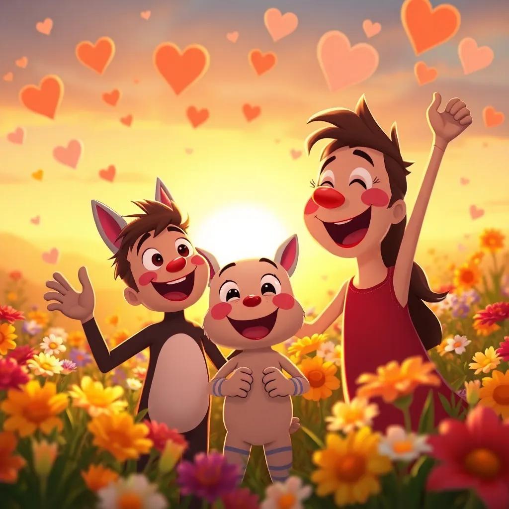 Sammy celebrating with his friends, colorful flowers in the background, gleaming sunset, hearts full of happiness, illustration, warm colors, delightful ambiance