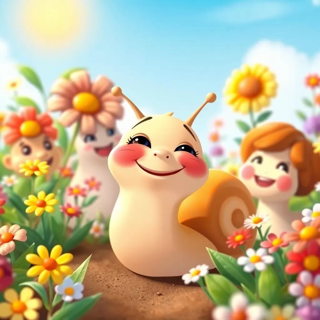 Sammy the snail with a content smile, surrounded by friends in the garden, reminiscing about the day's adventures together, colorful flowers and bright sky, heartwarming, cheerful illustration