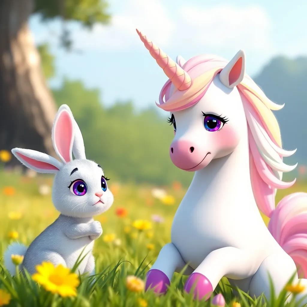 Sparkle the Unicorn talking to a little rabbit named Benny, both looking worried, set in a sunny meadow, bright colors, friendly environment, high quality