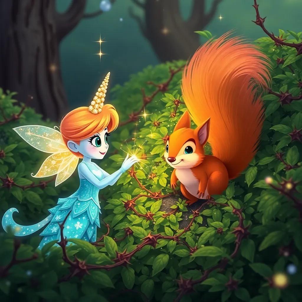 Sparkle using her sparkling horn to help a small squirrel named Sammy trapped in a bush, bushes full of thorns, magic sparkles in the air, colorful, engaging scene, high quality