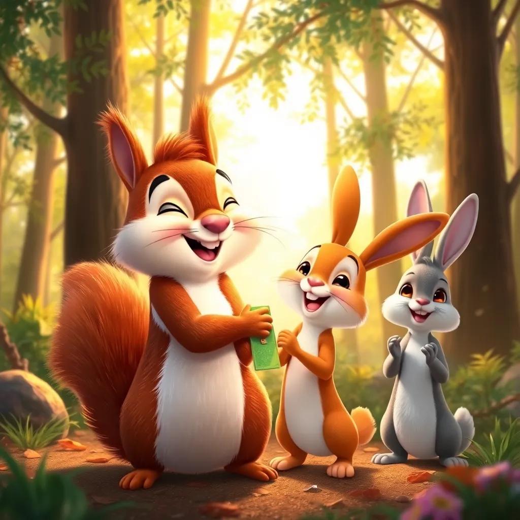 A joyful Sammy the squirrel hugging Sparkle, with Benny the rabbit cheering, in a happy forest scene with sunlight filtering through trees, warm colors, heartwarming moment, high quality