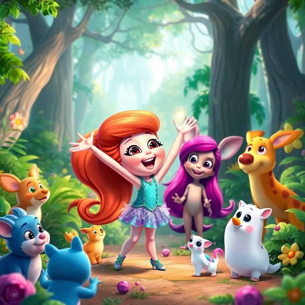Sparkle excitedly inviting her friends to explore the forest, with a vibrant, enchanting forest backdrop, friendly creatures all around, lively colors, cheerful atmosphere, high quality