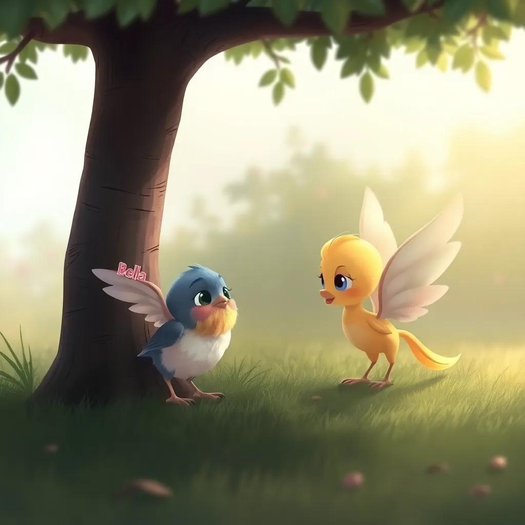 A tiny bird named Bella with a hurt wing, looking sad under a tree, while Sparkle approaches her with concern, soft colors, emotional scene, high quality