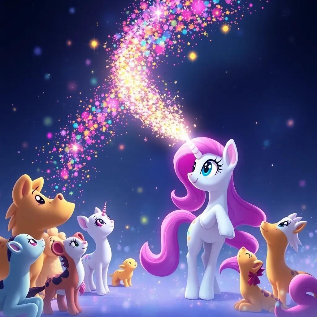 Sparkle healing Bella's wing with her magic, a swirl of colorful sparkles in the air, all animals watching in awe, magical atmosphere, bright and uplifting, high quality
