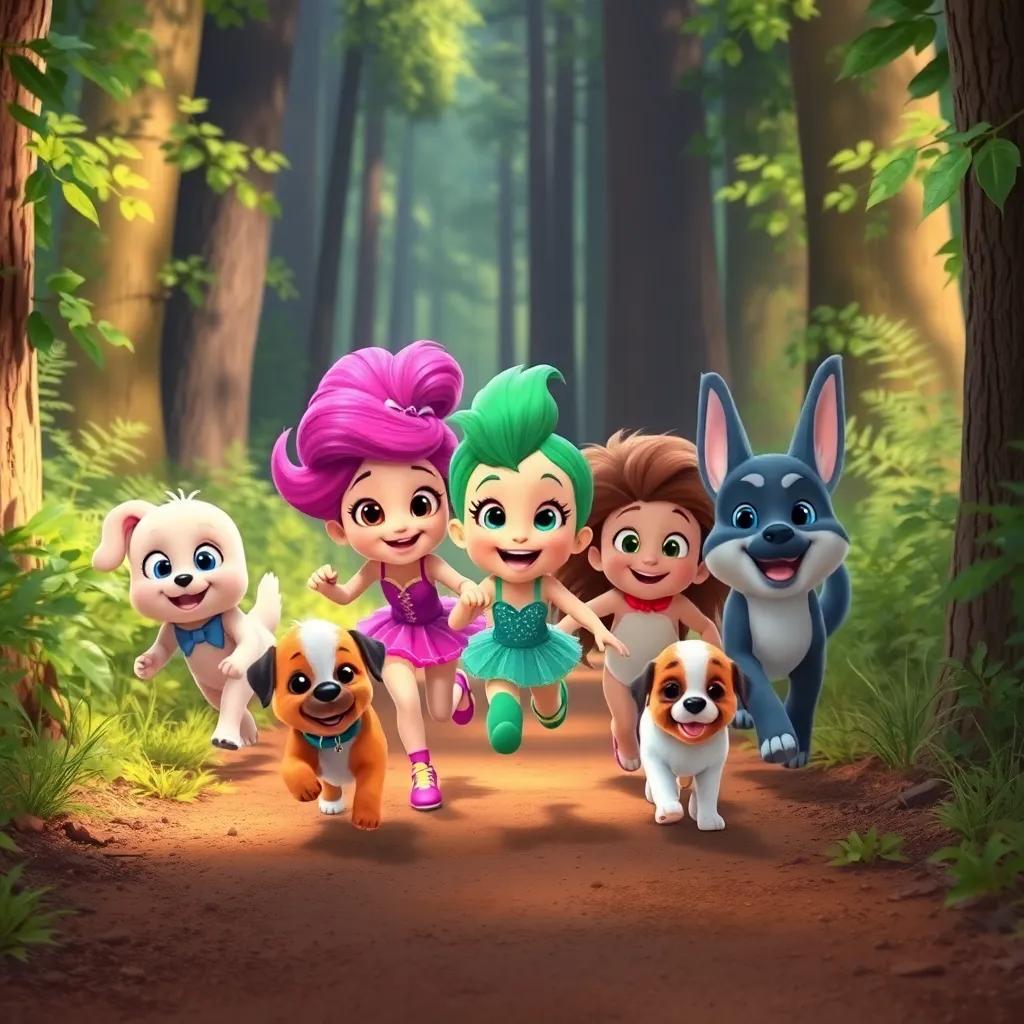 Sparkle and friends helping lost puppies find their home, all running together through a wooded path, joyful expressions, bright colors, engaging scene, high quality
