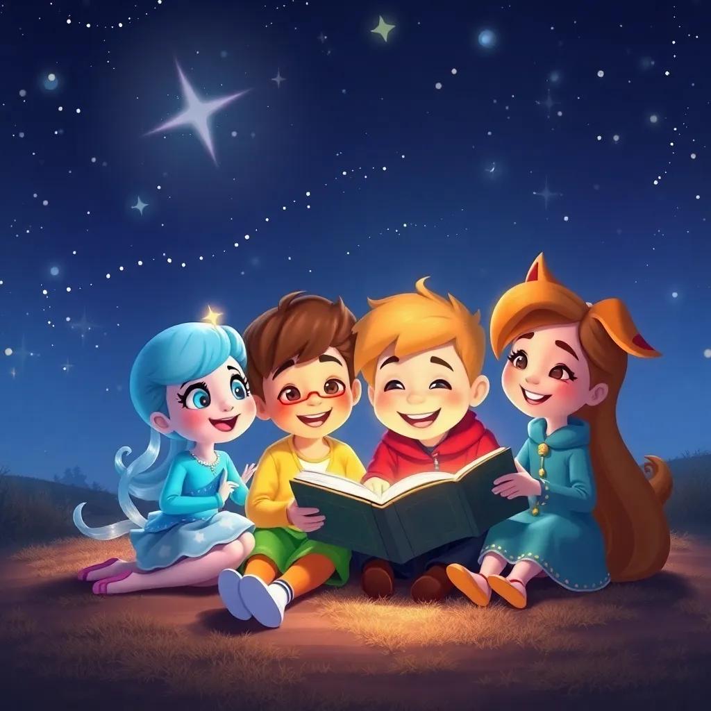 Sparkle, Benny, Sammy, and Bella sitting under a starry sky, sharing stories with warmth and joy, twinkling stars above, cozy atmosphere, vibrant colors, high quality