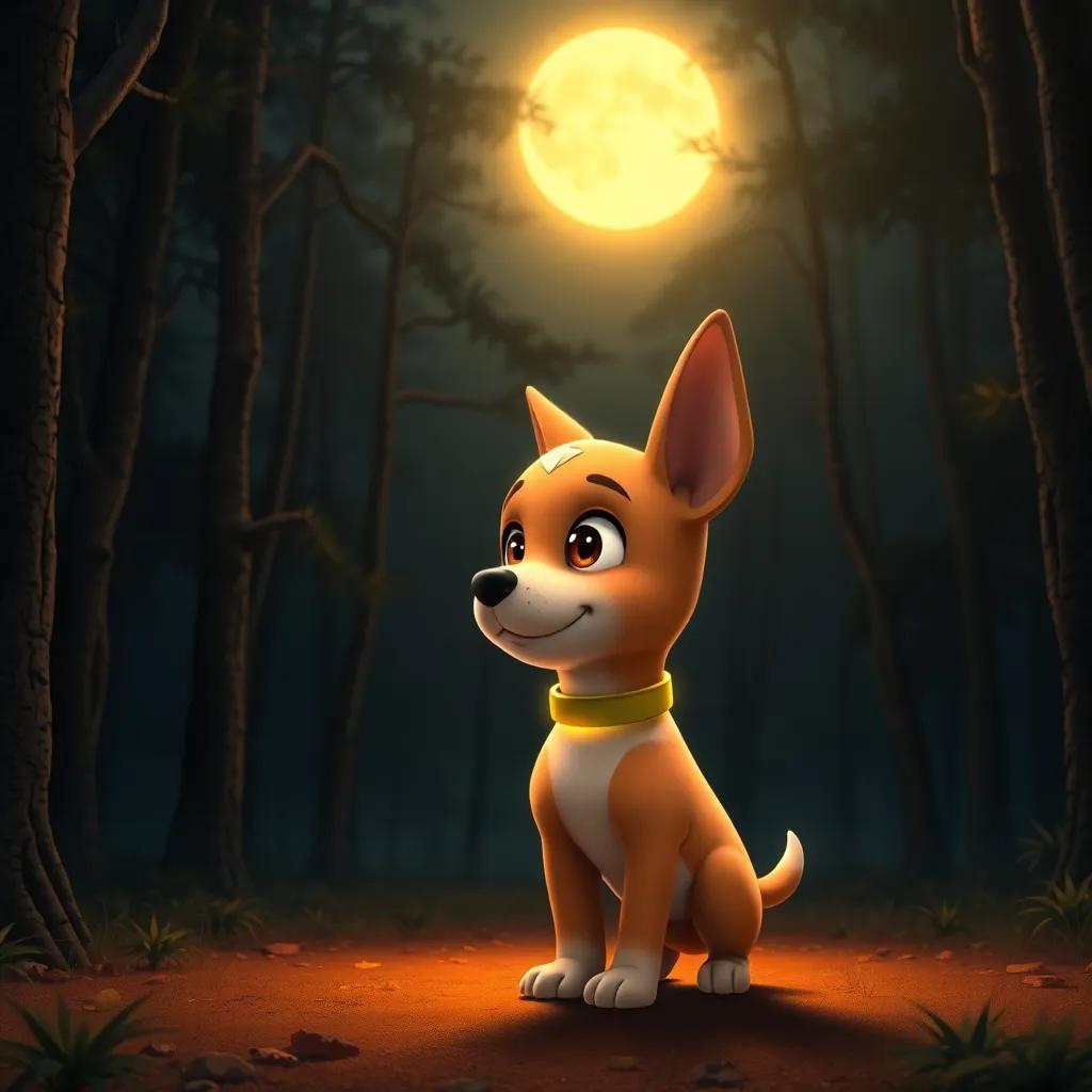 A little dog, Sparky, with a glowing collar, standing in a dark forest under the glowing moonlight, filled with trees and soft whispers, digital art, warm colors, inviting atmosphere, high quality