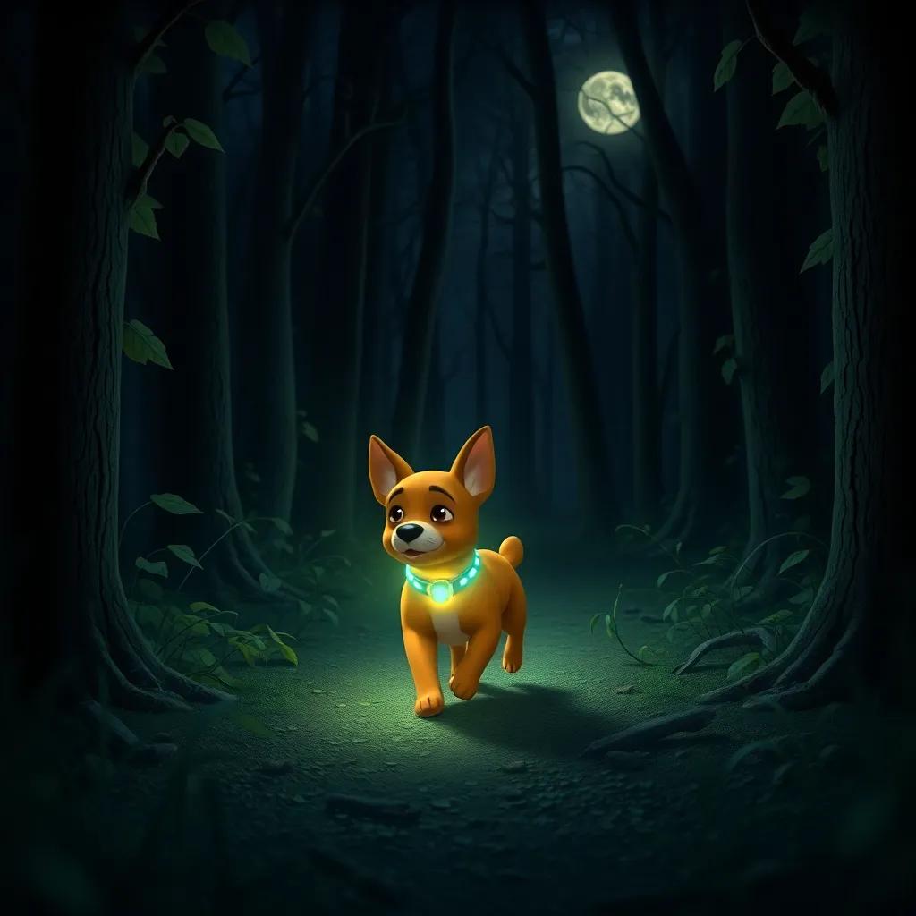 A little dog, Sparky, with a glowing collar, trotting determinedly through a dark forest illuminated by the moonlight, with leaves rustling gently, digital art, atmospheric, fantasy scene, high quality