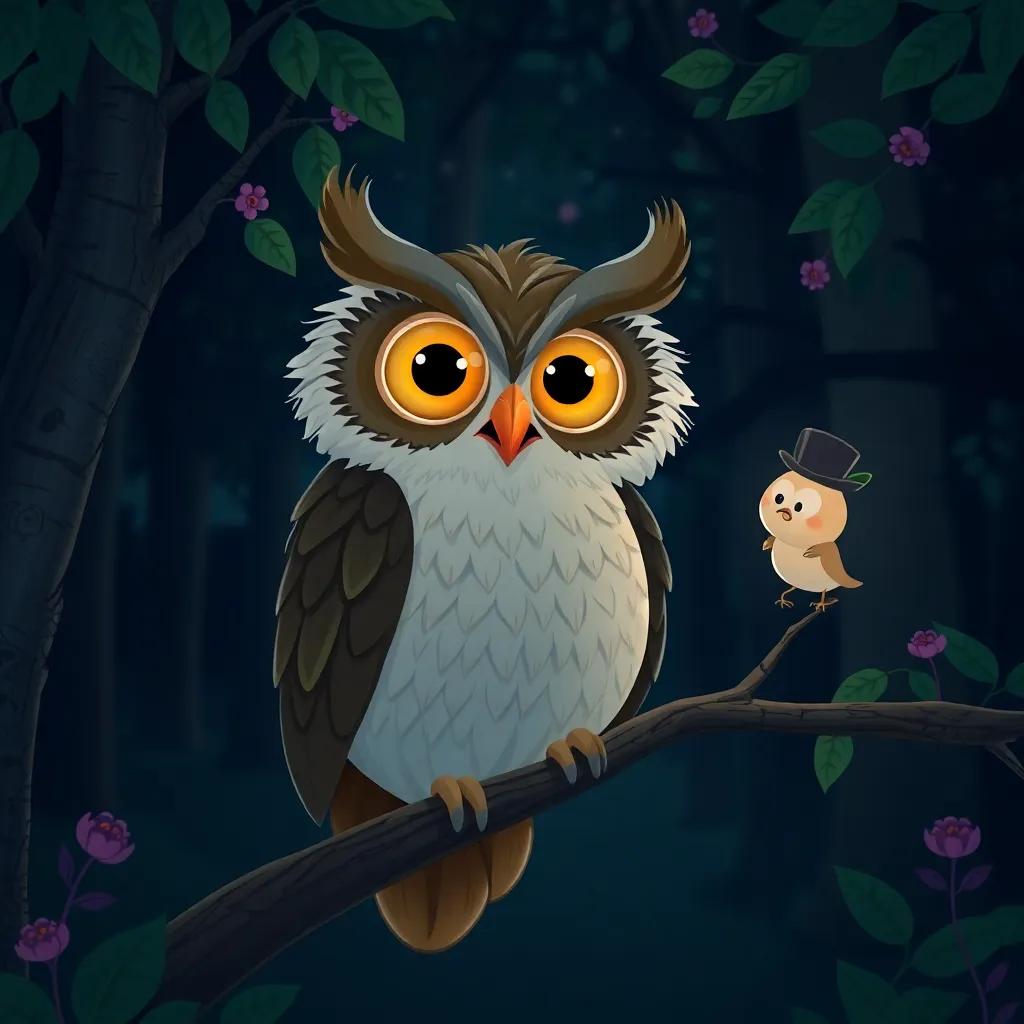 A wise old owl with big, kind eyes sitting on a branch, talking to Sparky in a dark forest, surrounded by nighttime flora, digital art, whimsical colors, magical setting, high quality