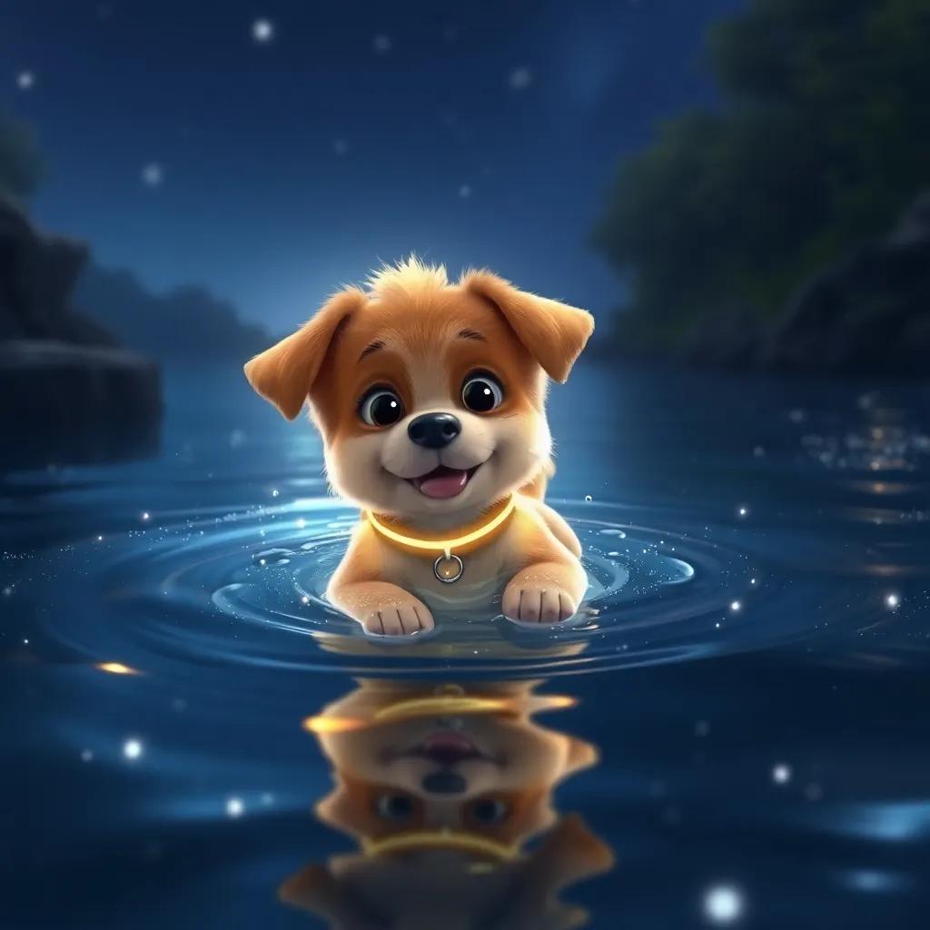 A little dog, Sparky, with a glowing collar, swimming in a shimmering river at night, with reflections of stars and gentle currents, digital art, sparkling, serene atmosphere, high quality
