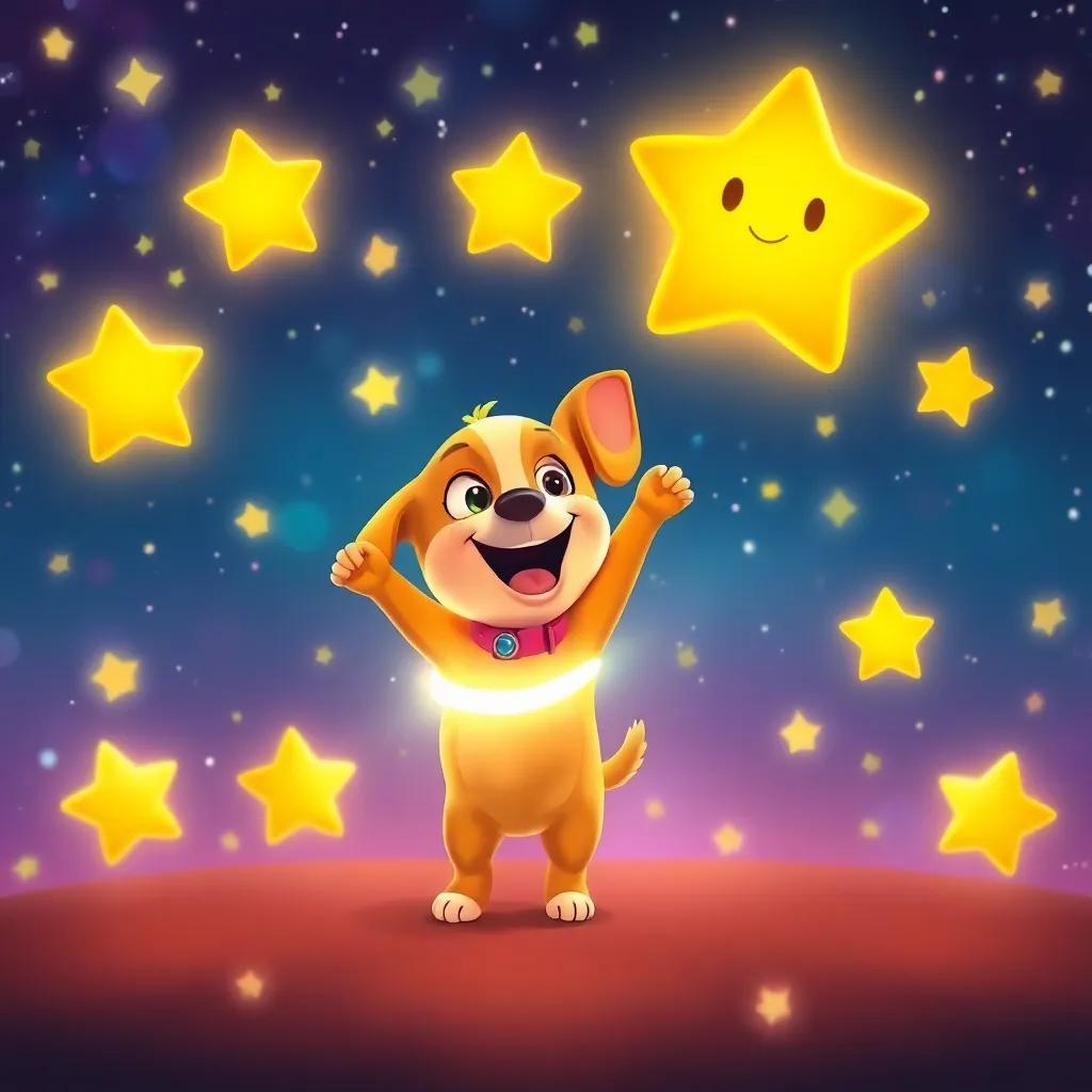 Sparky, a little dog with a glowing collar, joyfully dancing with bright star friends in a colorful night sky, with stars twinkling all around, digital art, cheerful, festive atmosphere, high quality