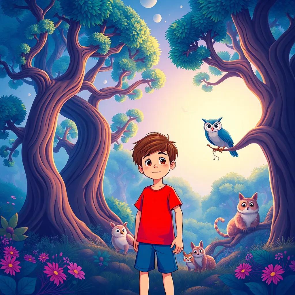 A magical world with majestic dancing trees and friendly animals, Max, a young boy with short brown hair wearing a red t-shirt and blue shorts, talking to a wise owl perched on a tree branch, illustration, whimsical style, colorful, joyful scene, high quality