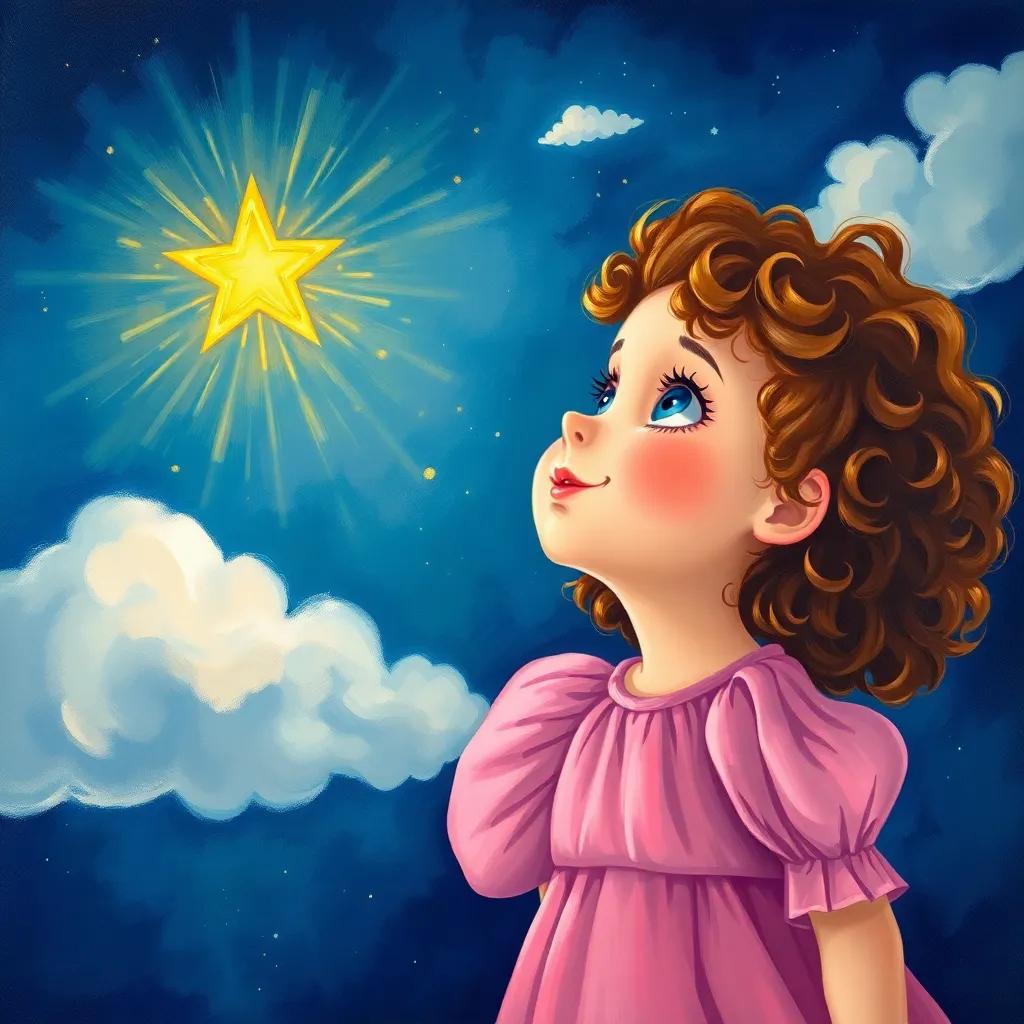 A little girl named Lily, with curly brown hair wearing a pink dress, looking up in awe at a bright star in the sky, surrounded by a dark night sky with a few fluffy clouds, magical style, illustration, soft light, vibrant colors, joyful expression