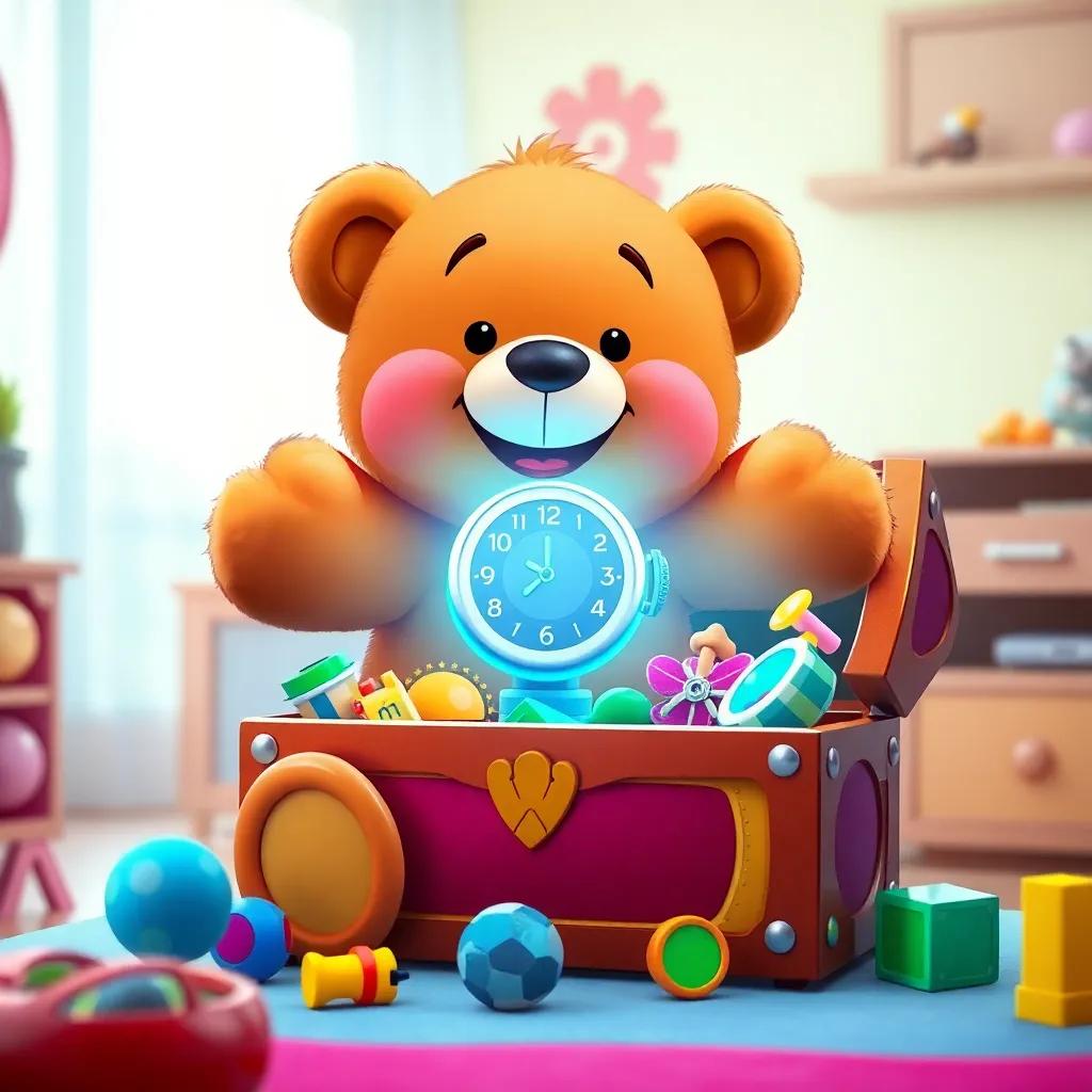 A cheerful teddy bear, Teddy, with a warm smile, opening a colorful toy chest filled with toys and a shiny time machine glowing inside, bright room, playful atmosphere, child-friendly, high quality