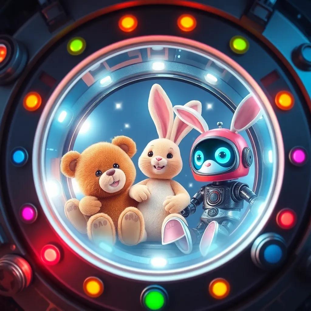 Teddy the bear, Bunny the rabbit, and Robot inside a bright, shiny time machine, colorful buttons and lights glowing around them, showing excitement and curiosity, adventure-themed, digital art, vibrant