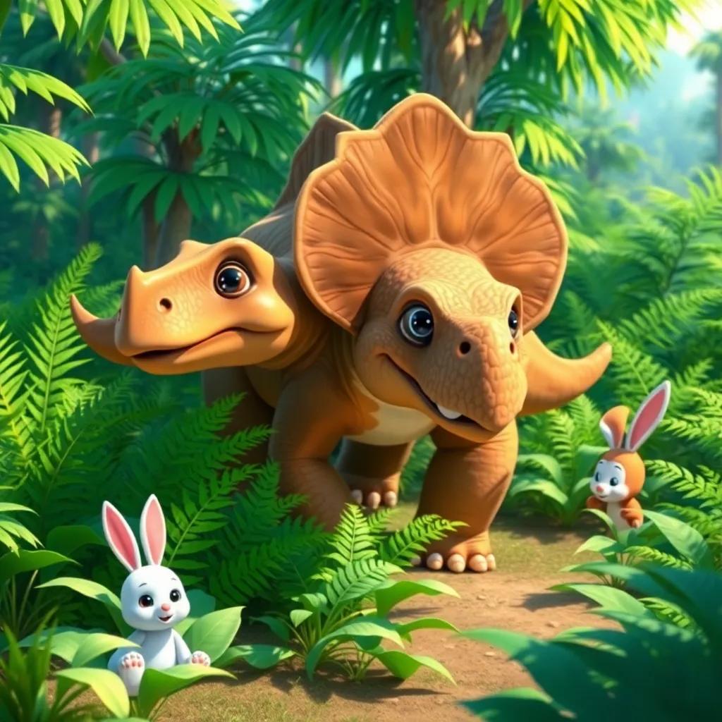 A gigantic dinosaur, a friendly Triceratops, walking through lush green ferns with Teddy and Bunny playing hide and seek behind the plants, bright and sunny day, cheerful environment, cartoon style