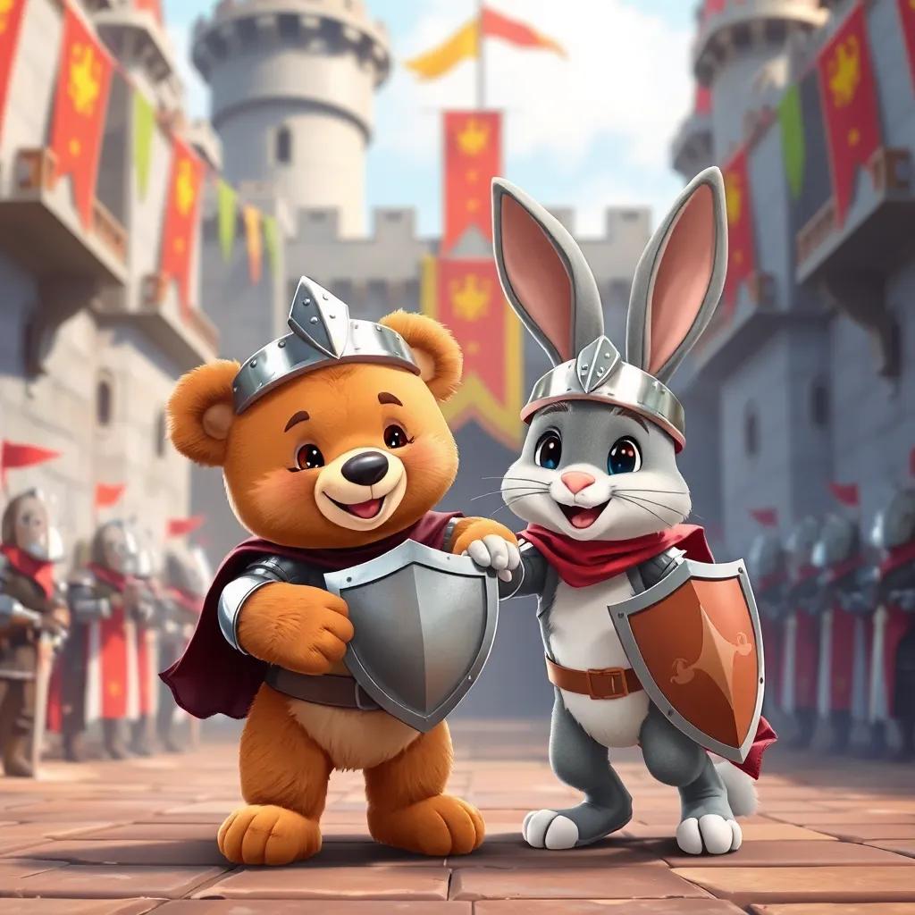 Teddy and Bunny wearing shiny knight helmets, jousting in a medieval castle courtyard, surrounded by knights and colorful banners, joyful expressions, lively scene, detailed illustration