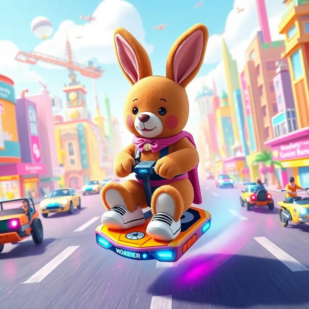 Teddy and Bunny riding a futuristic hoverboard in a colorful city full of flying cars and robots helping people, bright and whimsical future, vibrant colors, playful imagery