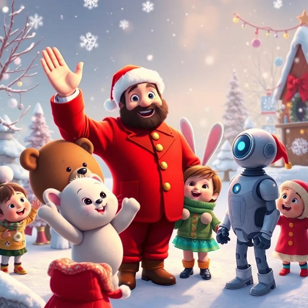 A festive Christmas scene with a man in a red suit waving at Teddy, Bunny, and Robot, surrounded by joyful children, a snow-covered landscape, warm and cheerful atmosphere, holiday magic