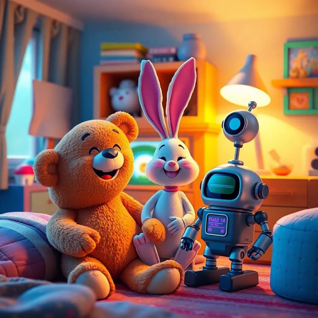Teddy, Bunny, and Robot back in Teddy's cozy room, laughing and smiling, with the colorful toy chest and time machine visible, warm light, inviting ambiance, happy memories