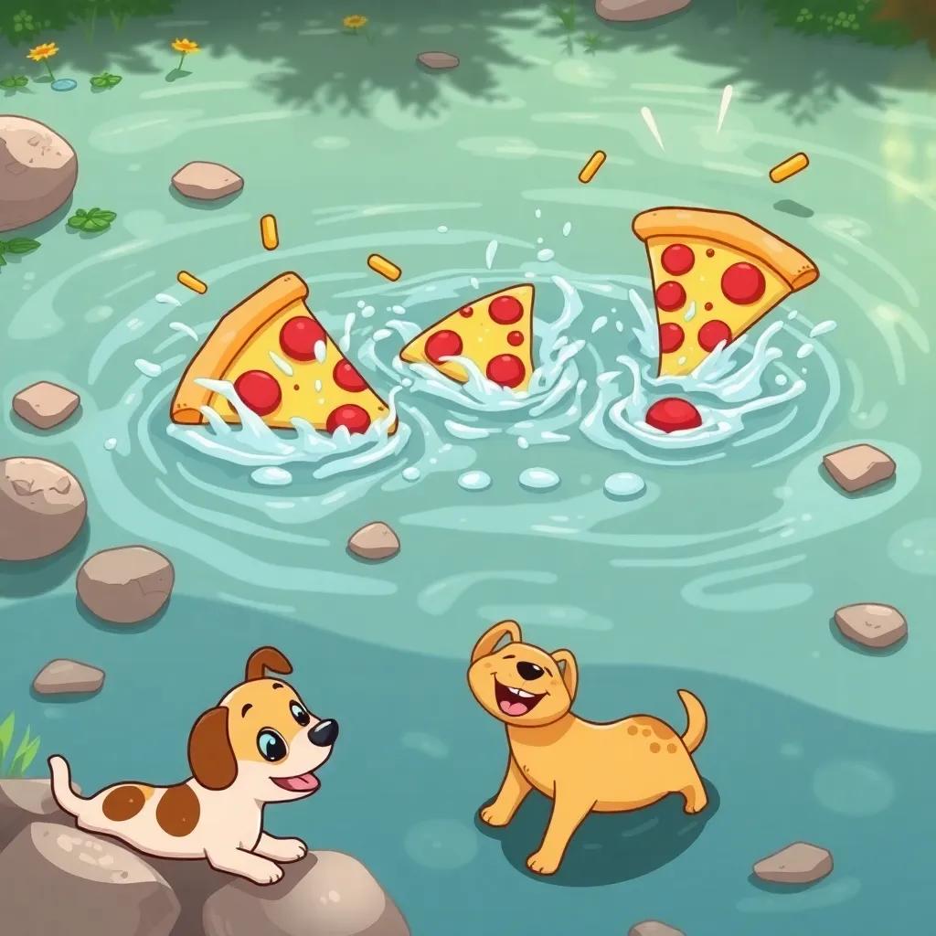 Pizza slices splashing in a pond, having a water fight with sunny reflections, friendly and playful dog nearby, cartoon style, bright colors, joyful atmosphere, high quality