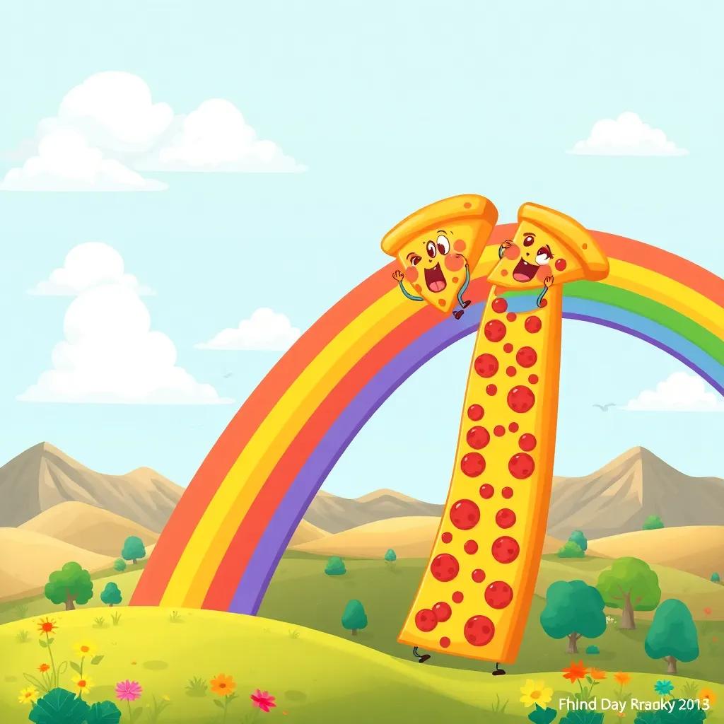 A colorful rainbow in the sky with pizza slices climbing up, looking excited and happy, beautiful landscape below, warm sunny day, vibrant colors, cartoonish style, high quality