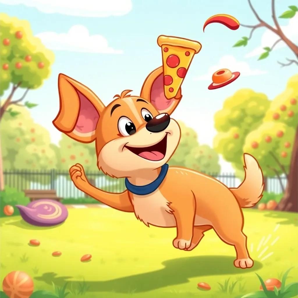 A friendly dog looking at pizza slices with excitement, playing with a frisbee in a sunny park, joyful atmosphere, bright colors, cartoon style, high quality
