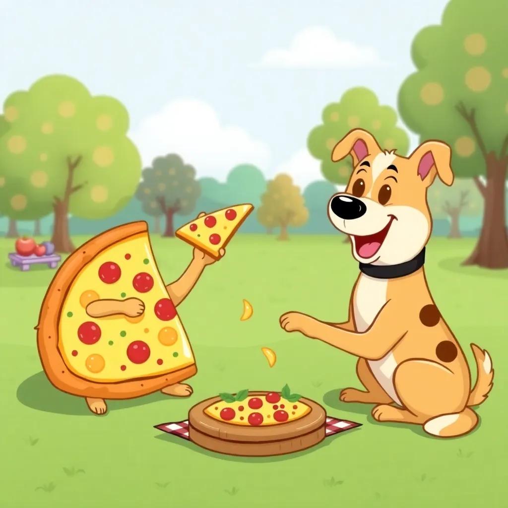 Pizza slices playing fetch with the friendly dog, having a picnic in the park, sharing toppings and smiling, colorful setting, cheerful and fun vibes, high quality