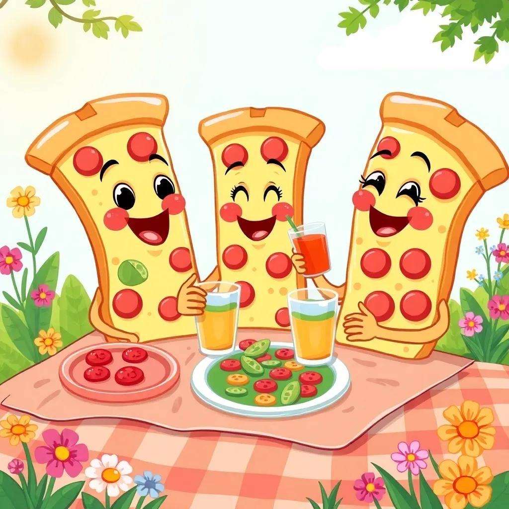 Pizza slices having a picnic with colorful plates and drinks, sharing their toppings with smiles, warm sunlight and colorful flowers around, cheerful and inviting, cartoon style, high quality