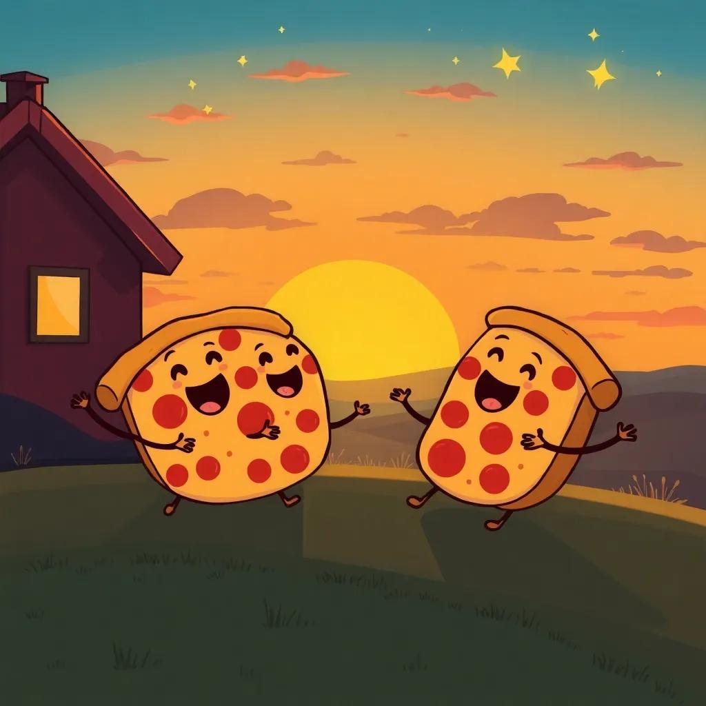 A sunset view with happy pizza slices rolling home together, singing joyfully, stars beginning to twinkle, cozy and warm atmosphere, cartoon style, high quality
