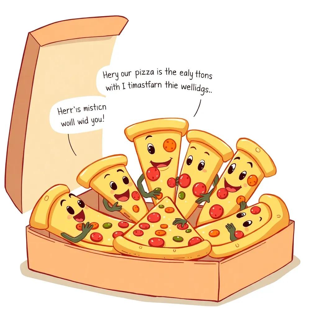 Pizza slices gathering around, each sharing their stories about the day, animated and lively, bright warm colors, cozy inside a pizza box, cartoon style, high quality