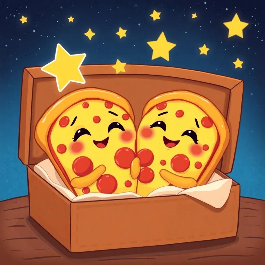 Happy pizza slices dreaming of their next adventure, cuddled up together in their pizza box, stars shining outside, cozy and warm atmosphere, cartoon style, high quality