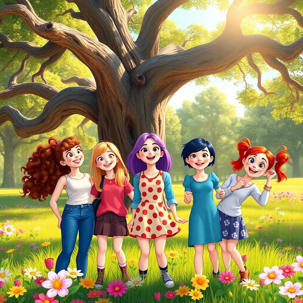 A group of five friends, Kimberley with brown curls, Laura with straight blonde hair, Lucy with wavy purple hair, Louise with short black hair, and Caitlin with red ponytails, standing excitedly under an old oak tree in a sunlit park, vibrant flowers around them, cheerful atmosphere, digital art, colorful, capturing joy and friendship