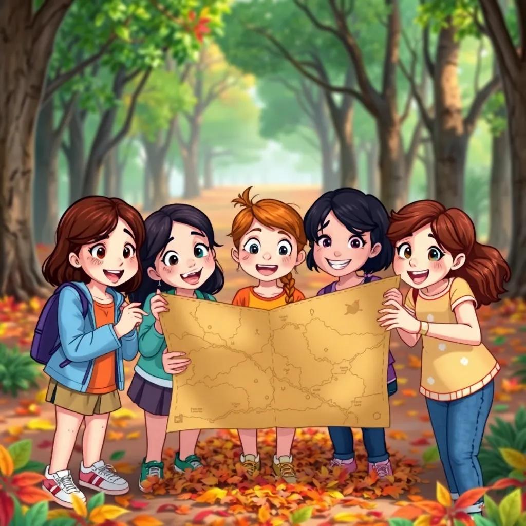 A treasure map held by five friends - Kimberley, Laura, Lucy, Louise, and Caitlin - with a colorful park background, excitement on their faces as they explore a hidden path covered in leaves, illustration, playful, bright colors, sense of adventure, capturing exploration