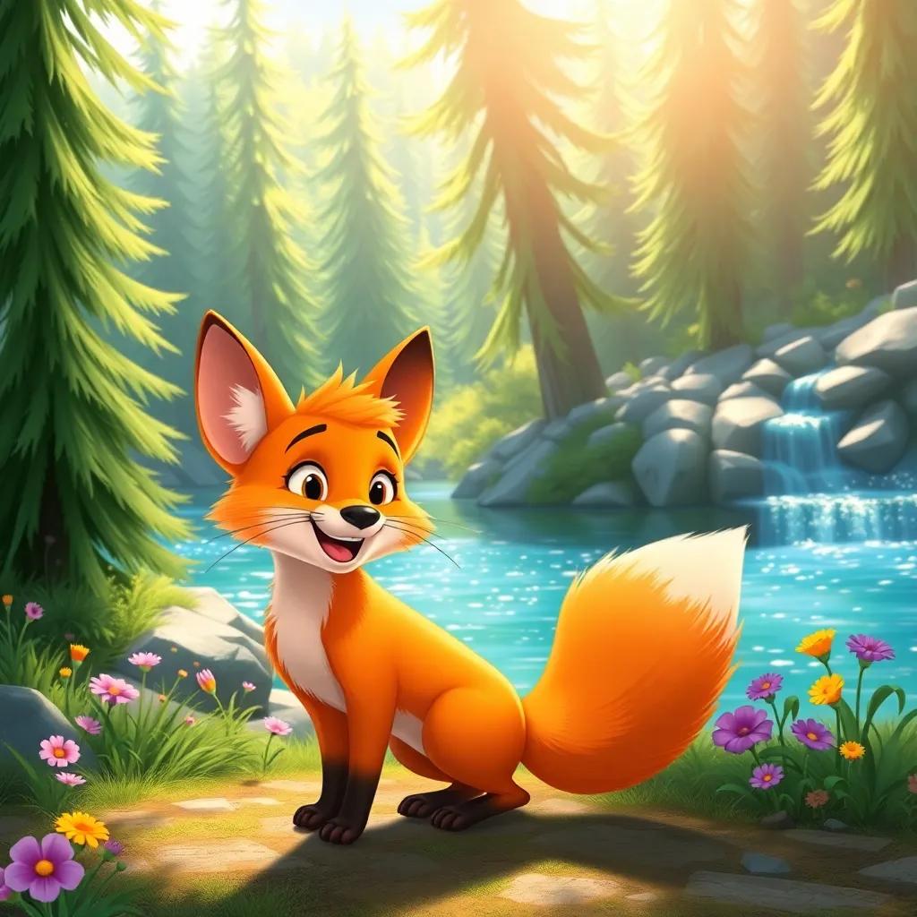 A friendly fox, Felix, with bright orange fur and a bushy tail, playing near a sparkling river surrounded by tall green trees and colorful flowers, cheerful atmosphere, bright sunlight