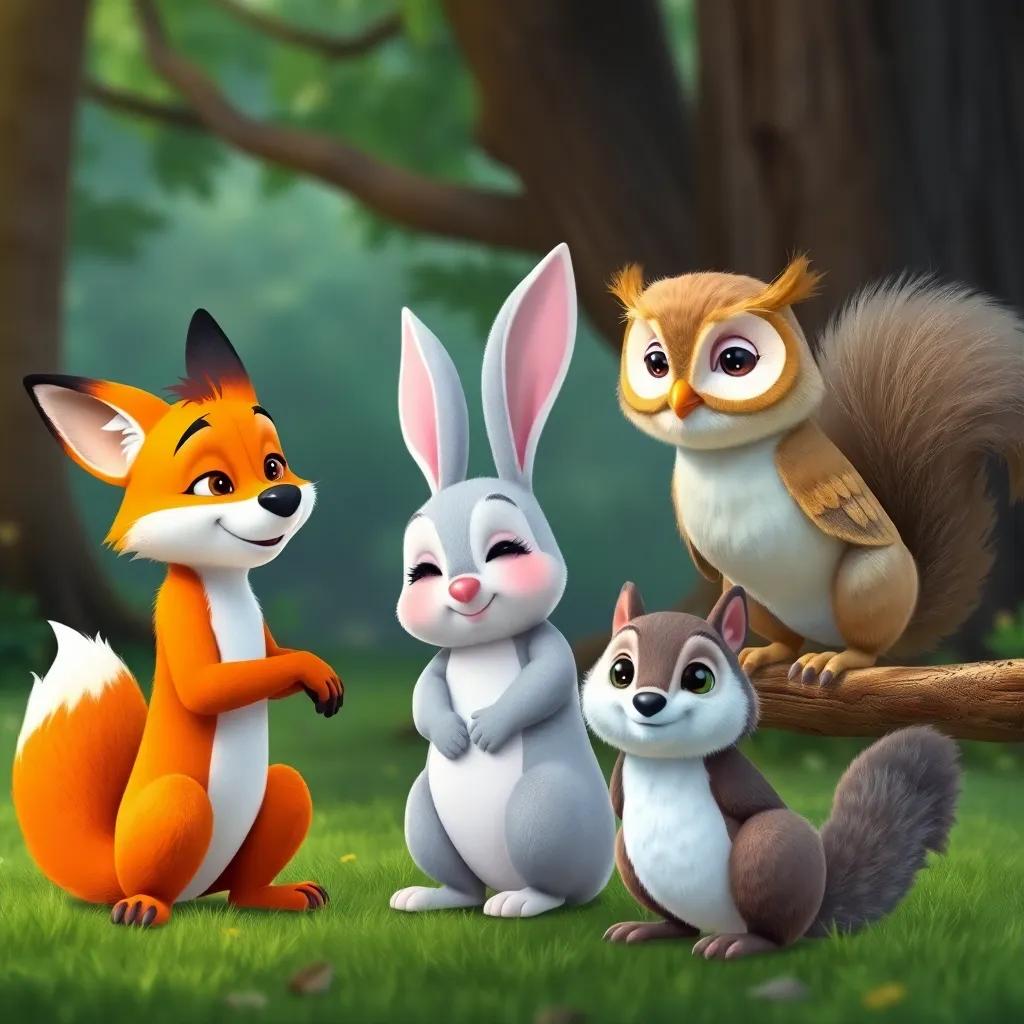 Felix the fox, with bright orange fur, smiling and comforting Bella the bunny, Oliver the owl with golden feathers perched on a branch, Sammy the squirrel with a fluffy gray tail, supportive friends, friendly forest setting
