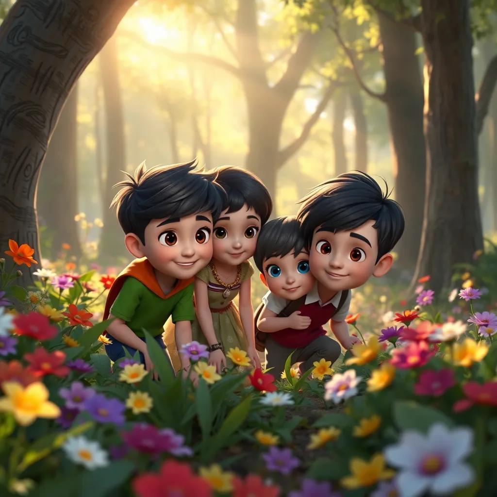Felix, Bella, Oliver, and Sammy searching together among colorful flowers and whispering trees, teamwork, smiling expressions, sunlight filtering through the leaves, enchanting forest