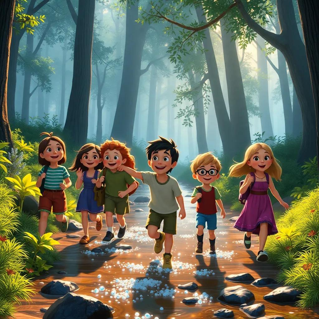 The group reaching a sparkling stream with sunlight reflecting off the water, giggles and excitement in the air, Felix leading the way, magical forest scene