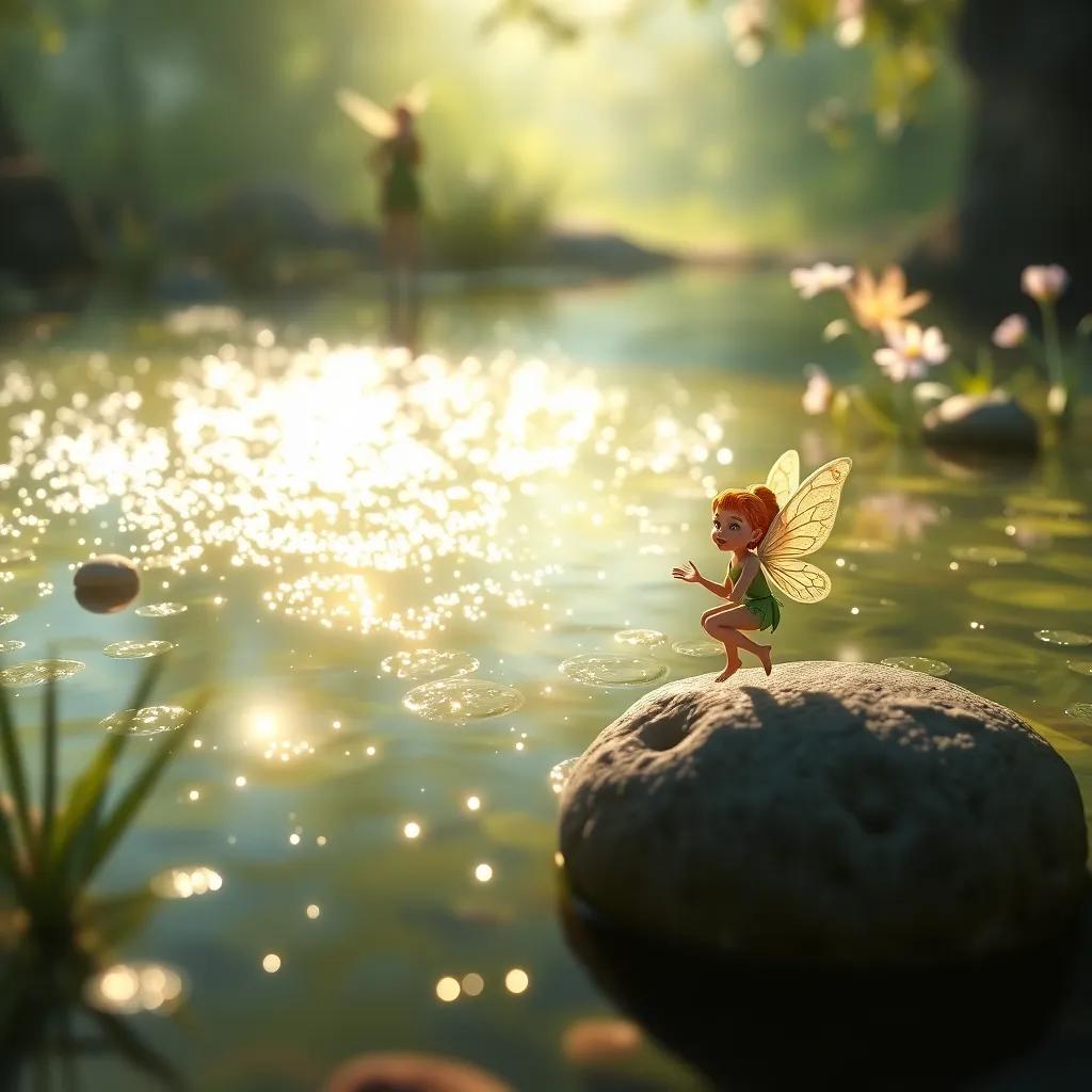 A shimmering pond with fairies appearing, tiny fairies with gossamer wings sparkling, surrounded by beautiful nature, magical and enchanting