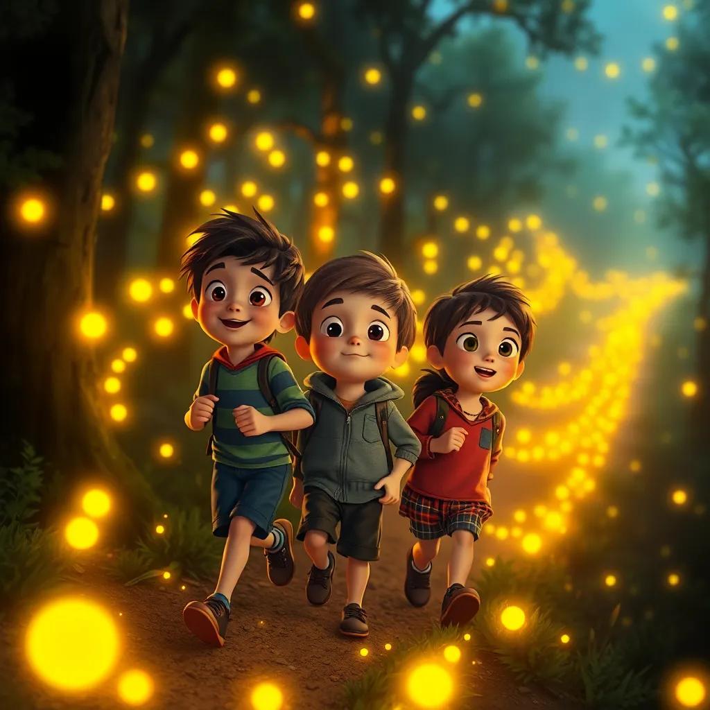 Felix leading Bella, Oliver, and Sammy along a trail of glowing fireflies, warm and inviting light, wonderment on their faces, dreamy forest setting