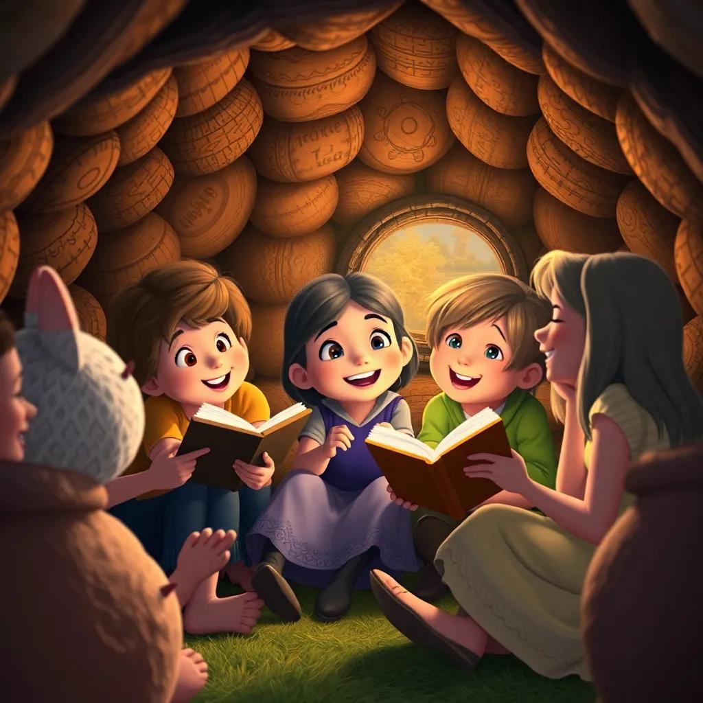 A joyful scene in the burrow with Bella and her friends sharing stories and laughter, smiles all around, warm tones, home-like ambiance